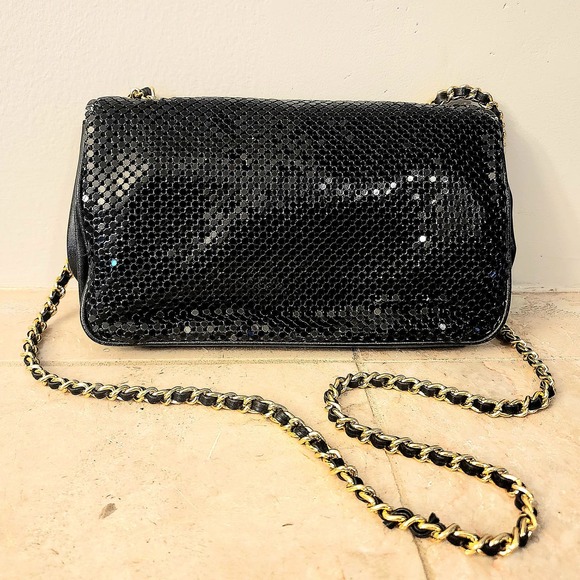 VTG Whiting & Davis Black Liquid‎ Metal Mesh Bag Gold Chain 70s - Picture 2 of 11
